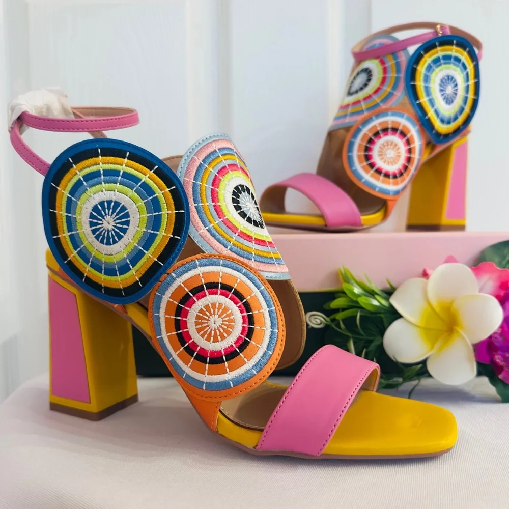 EXE ~ Colorful Sandals Circular Geometric Design Block Heel Ankle Strap size 40
